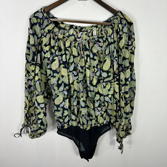 Free People Tops - Free People Off The Shoulder Bodysuit Womens S Blue Paisley Smocked Peasant Boho